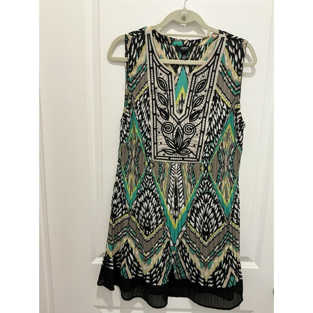 Alfani Dress Tunic Sleeveless 16W Geometric V Neck Pleated Not Lined Tan Green